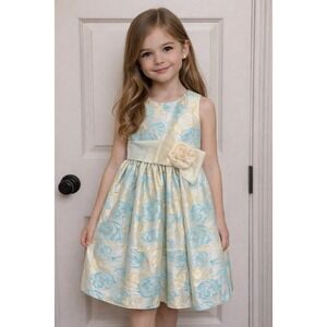 Girls Easter Flower Girl Dress Blue Gold Floral Jacquard Crayon Kids 9/10 USA